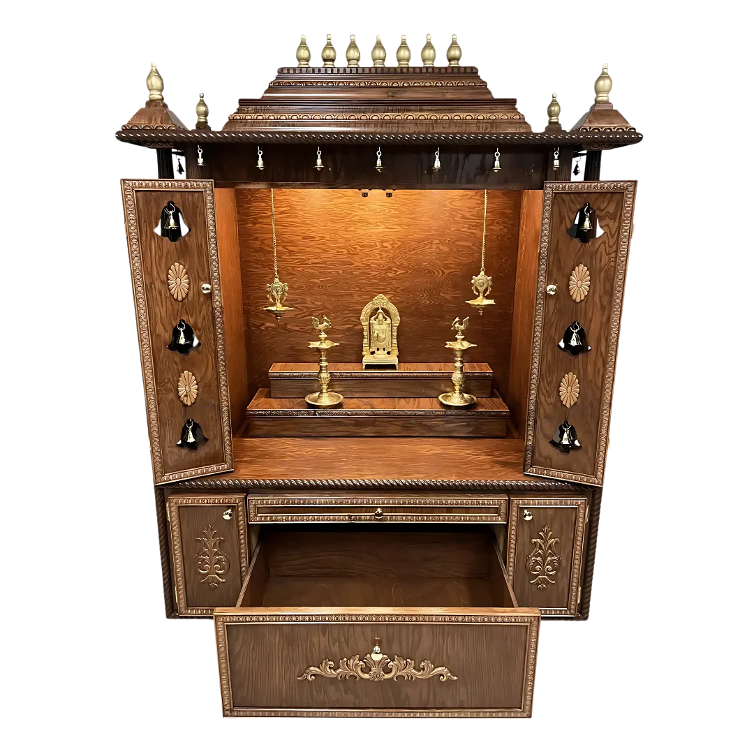 Shrutika Teak Wood Mandir (Caramel Brown) open door view