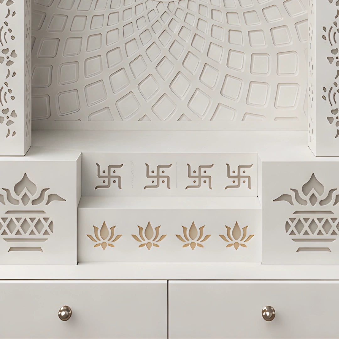 Shvetara Wooden Corian Mandir (White) close view 