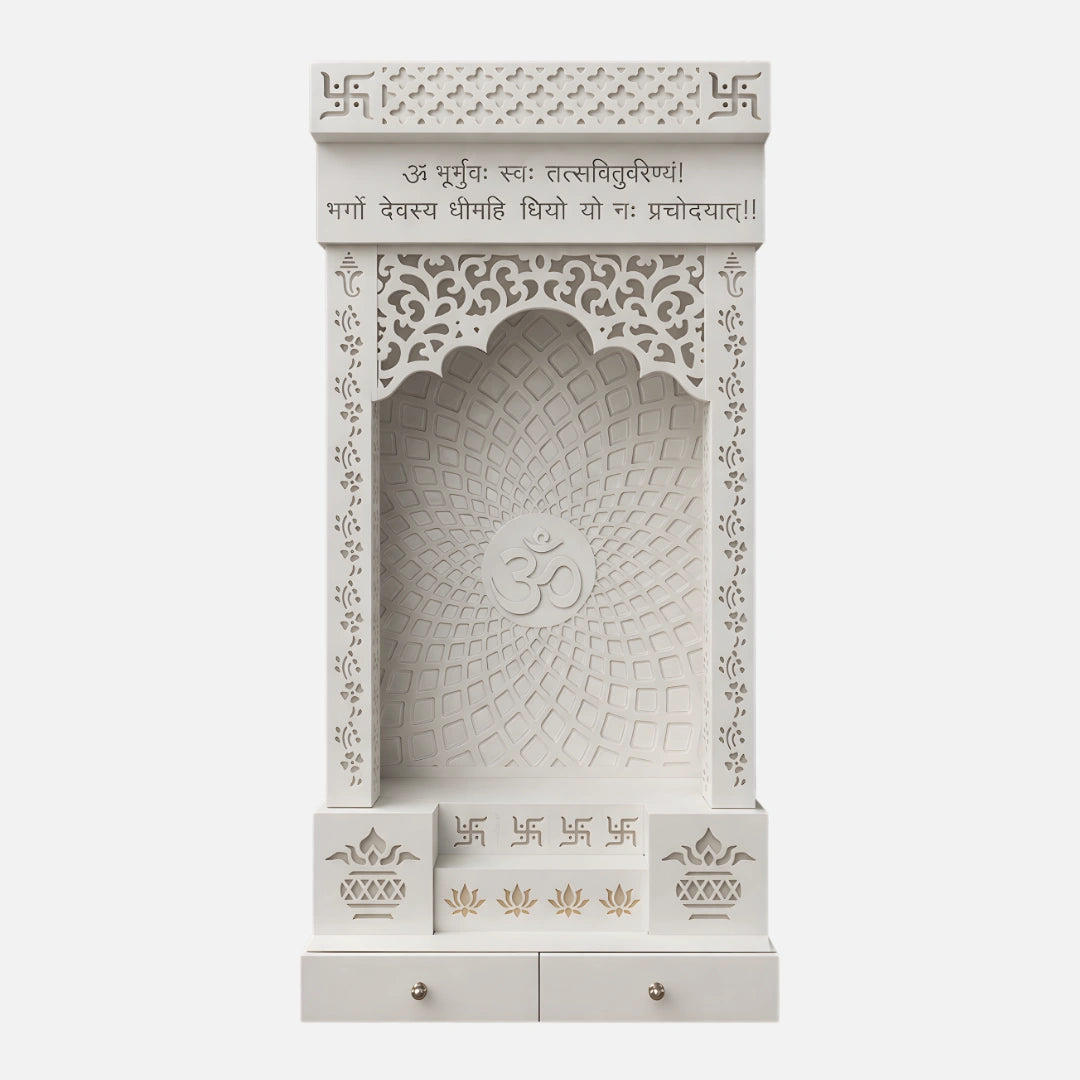 Shvetara Wooden Corian Mandir (White) front view