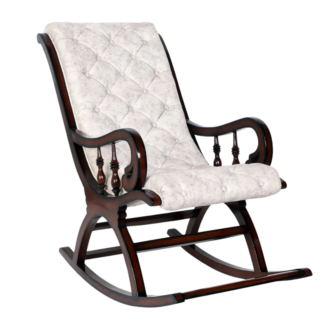 Side Angle of Touffy Fabric Upholstered Teak Wood Rocking Chair (Mahogany Beige)