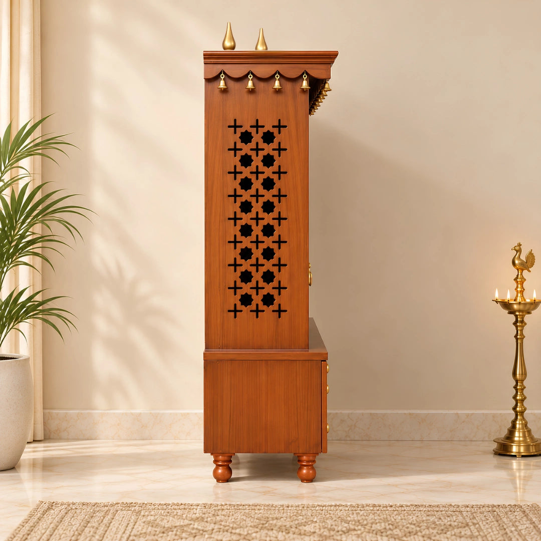 Divyasthal Teak Wood Pooja Mandap with Door (Teak) Side Angle