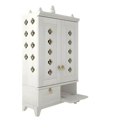 Eshvara Teak Wood Pooja Mandap with Door(White) Side Angle