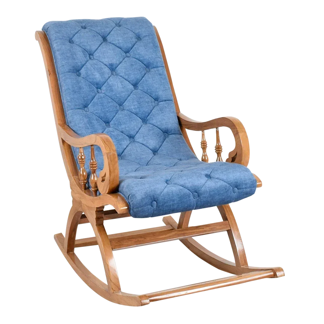 Side Angle of Touffy Fabric Upholstered Teak Wood Rocking Chair (Teak Blue)