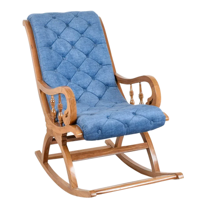 Side Angle of Touffy Fabric Upholstered Teak Wood Rocking Chair (Teak Blue)