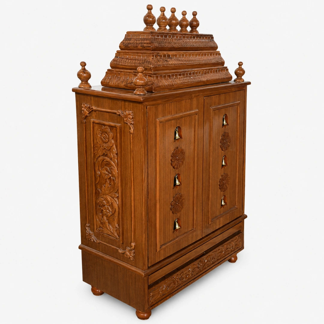 Smaran Teak Wood Pooja Mandir With Doors (Teak) Side Top View