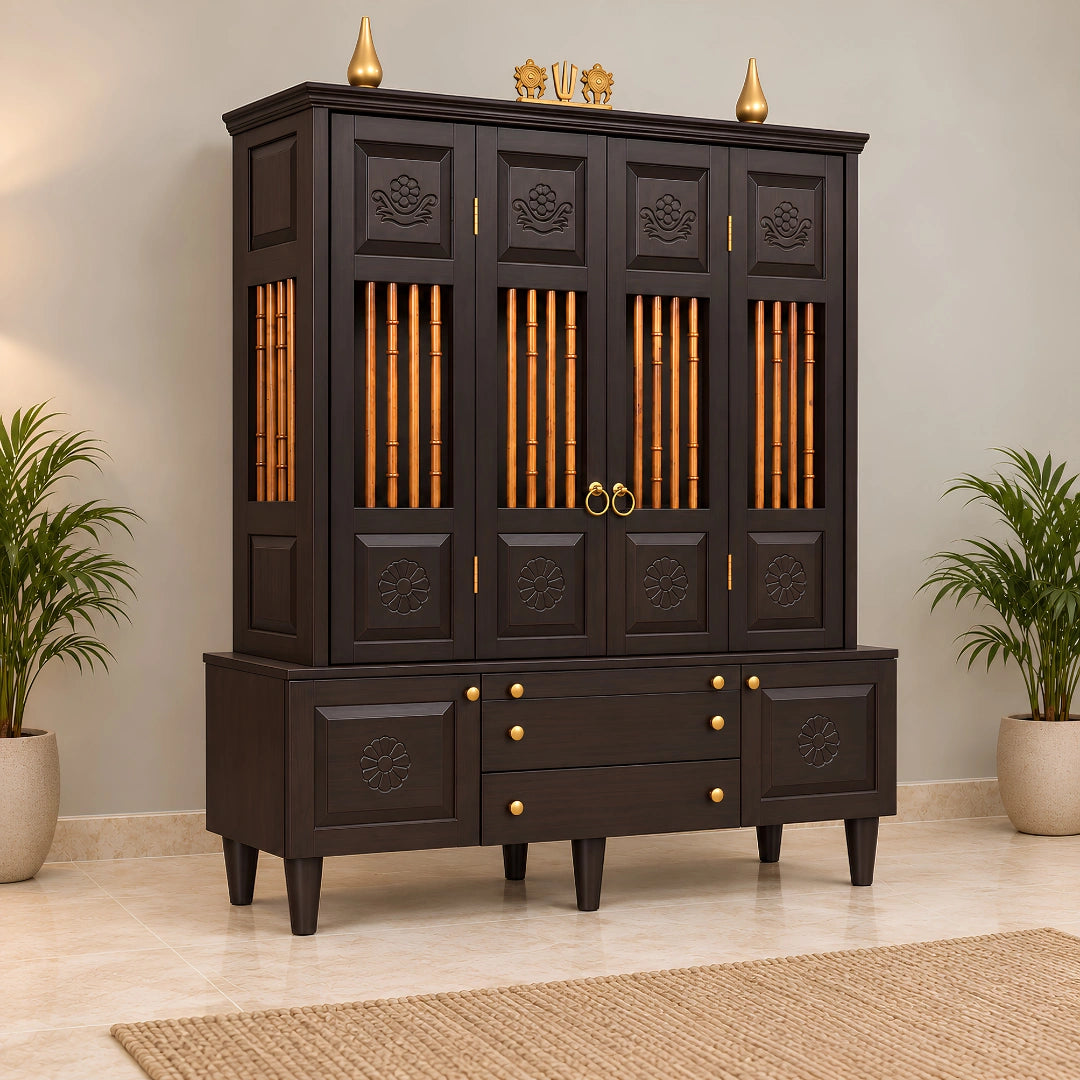 Anandam Teak Wood Pooja Mandap with Door (Brown) Side View