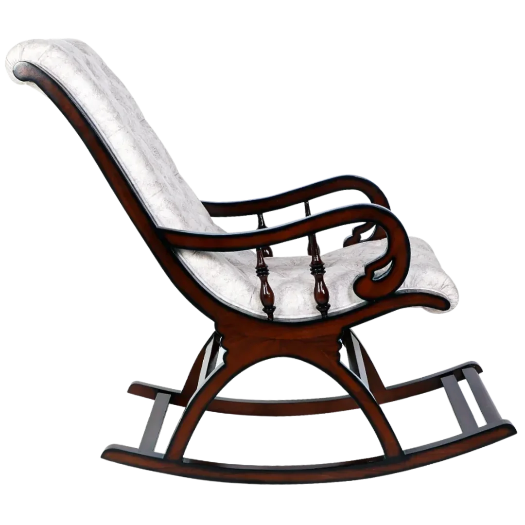 Side View of Touffy Fabric Upholstered Teak Wood Rocking Chair (Mahogany Beige)