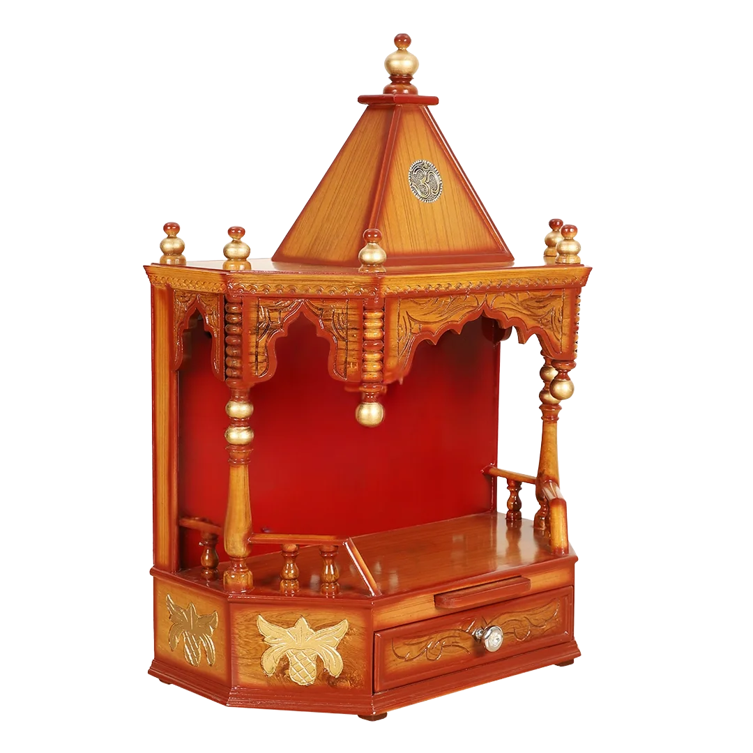 Side angle of Anugrah Wall Mount Pooja Mandir without Door (Teak Gold)