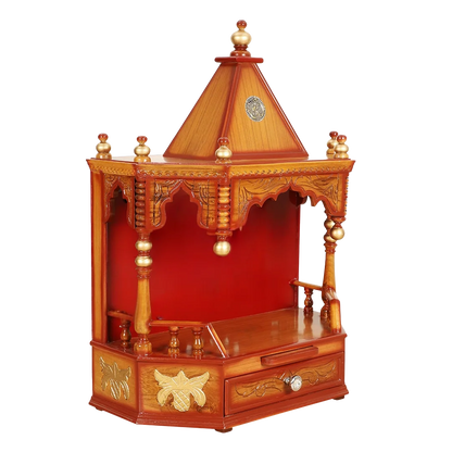 Side angle of Anugrah Wall Mount Pooja Mandir without Door (Teak Gold)
