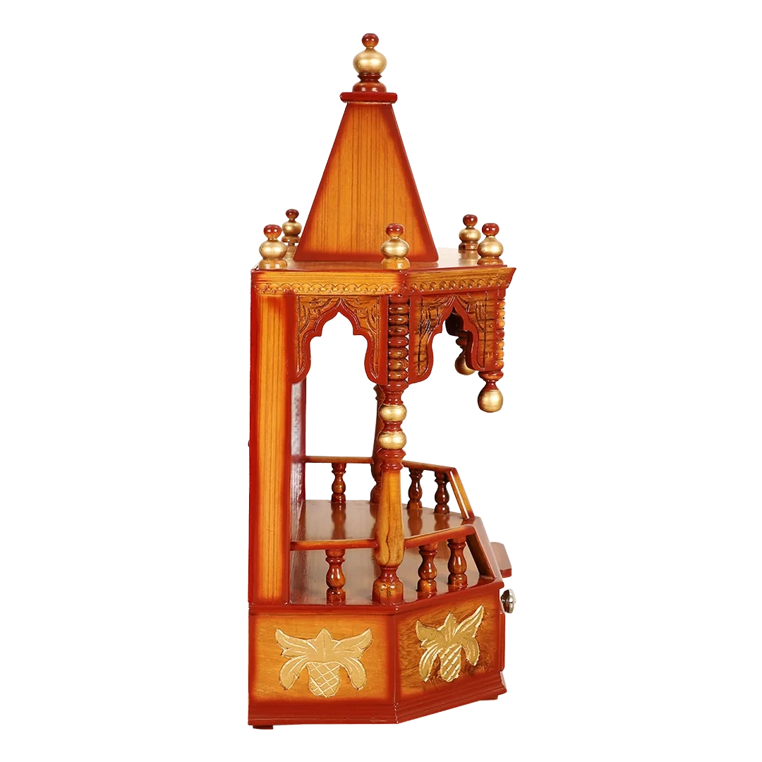 Side image of Anugrah Wall Mount Pooja Mandir without Door (Teak Gold)