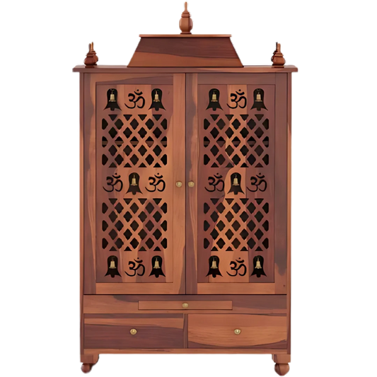 Somith Teak Wood Pooja Mandap with Door (Teak) Front View