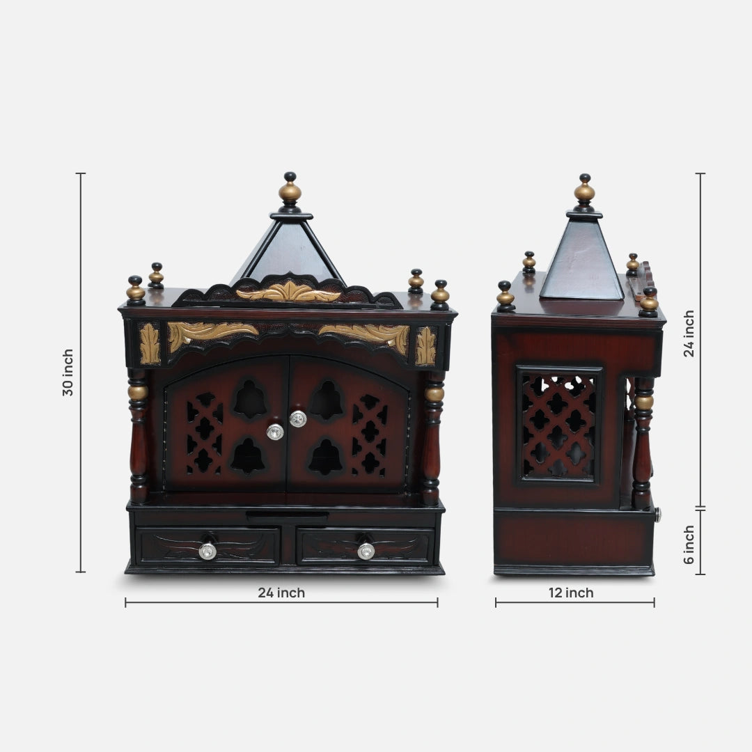 Sreshta Teak Wood Mandir (Brown Gold) dimensions view 