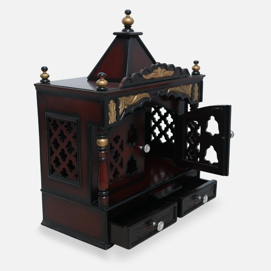 Sreshta Teak Wood Mandir (Brown Gold) open door side angle 