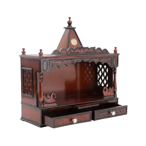 SukhatMan Large Wall Mount Pooja Mandir/Wooden temple in Brown Color 45° side view open drawers