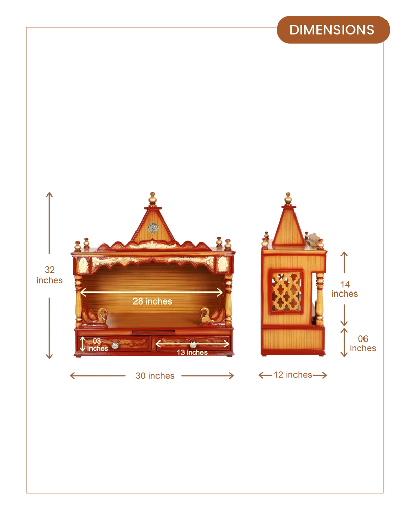 SukhatMan Large Wall Mount Pooja Mandir without Door (Teak Gold) dimensions