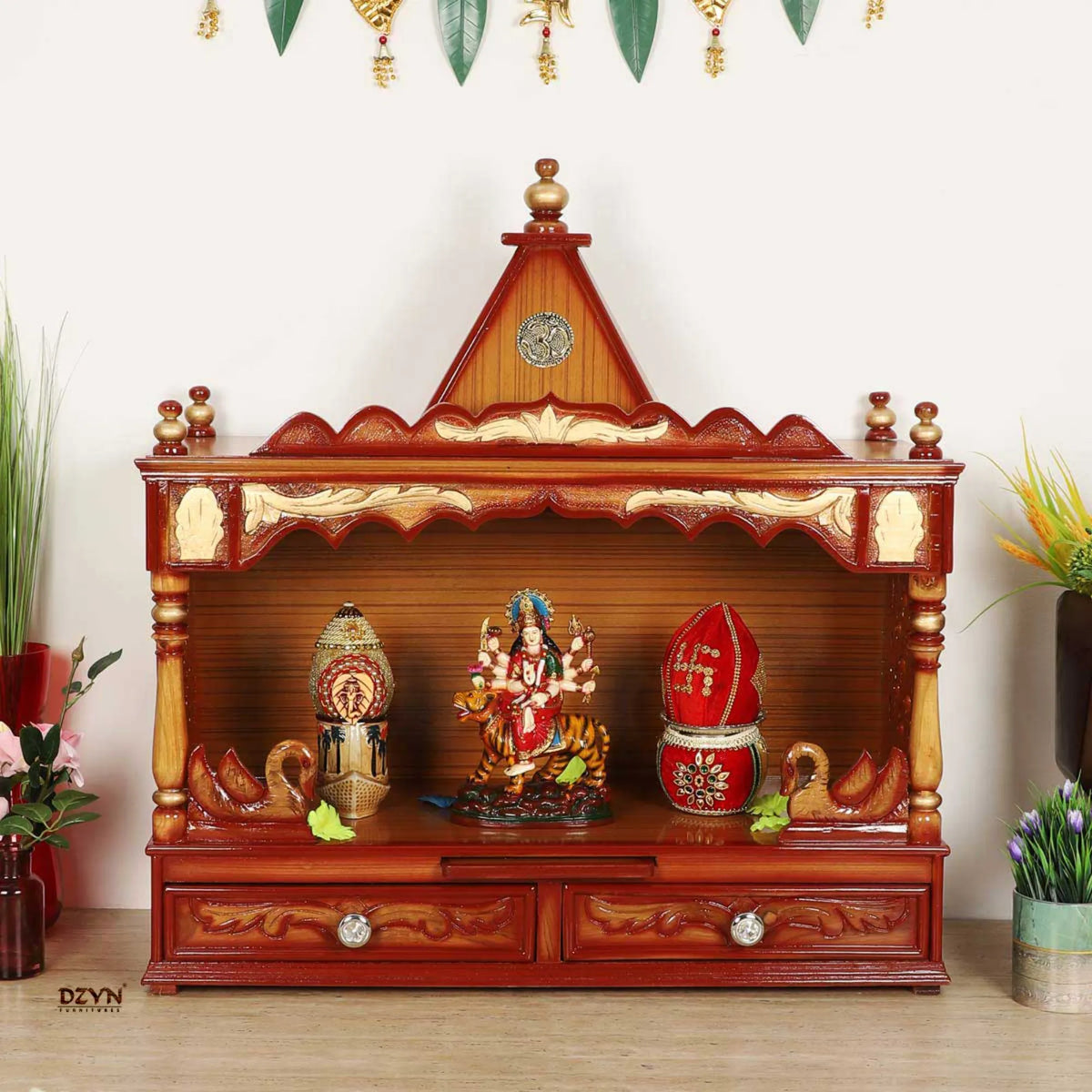 SukhatMan Large Wall Mount Pooja Mandir without Door (Teak Gold) lifestyle view