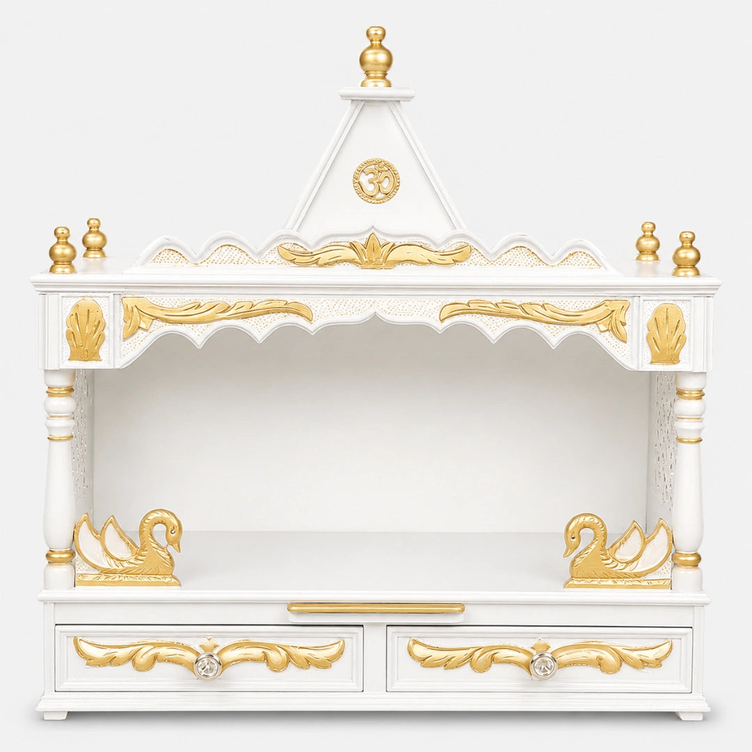 SukhatMan Large Wall Mount Pooja Mandir without Door (White Gold) Front Angle