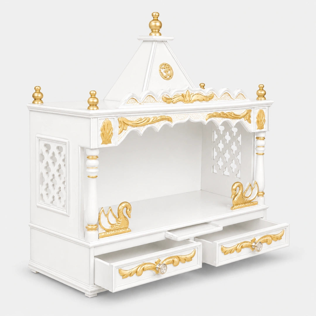 SukhatMan Large Wall Mount Pooja Mandir without Door (White Gold) Side view open drawers