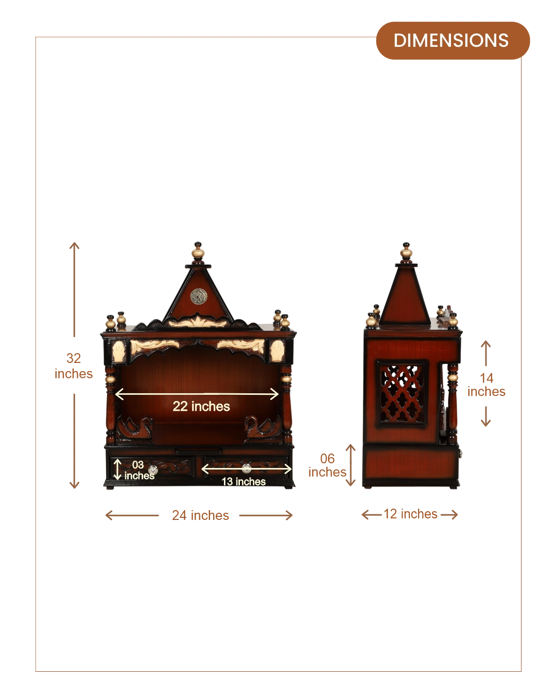 SukhatMan Medium Wall Mount Pooja Mandir without Door (Brown Gold) dimensions
