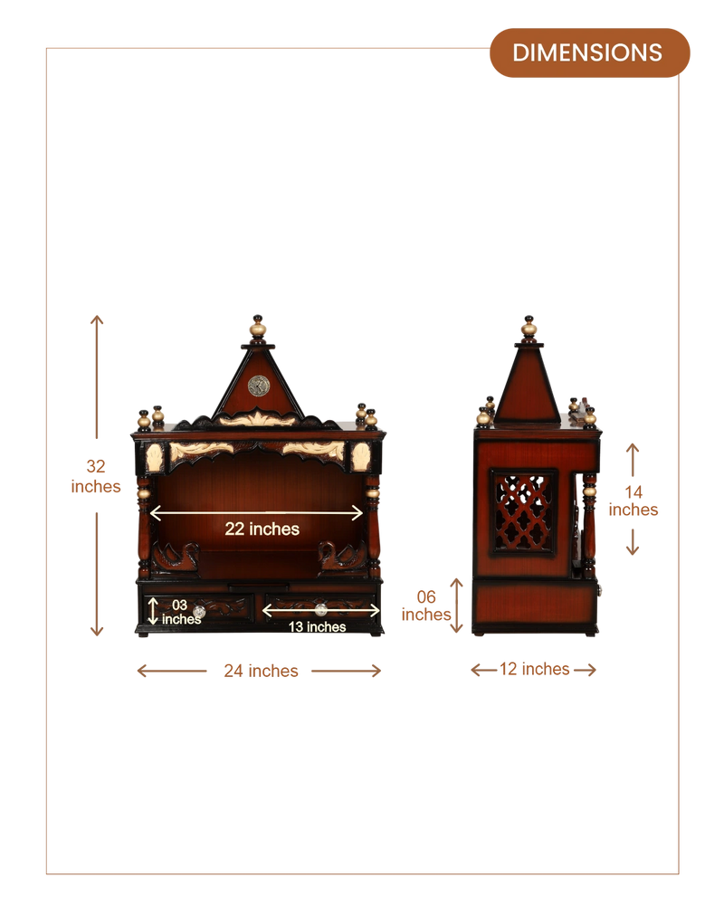 SukhatMan Medium Wall Mount Pooja Mandir without Door (Brown Gold) dimensions