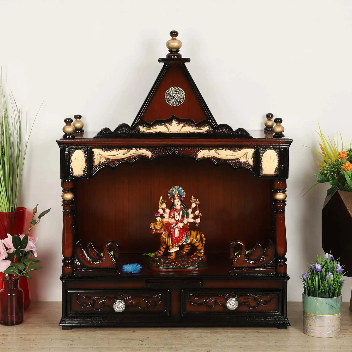SukhatMan Medium Wall Mount Pooja Mandir without Door (Brown Gold) front view