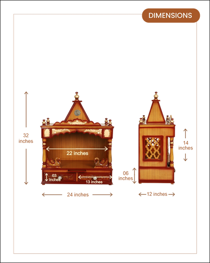 SukhatMan Medium Wall Mount Pooja Mandir without Door (Teak Gold) dimensions