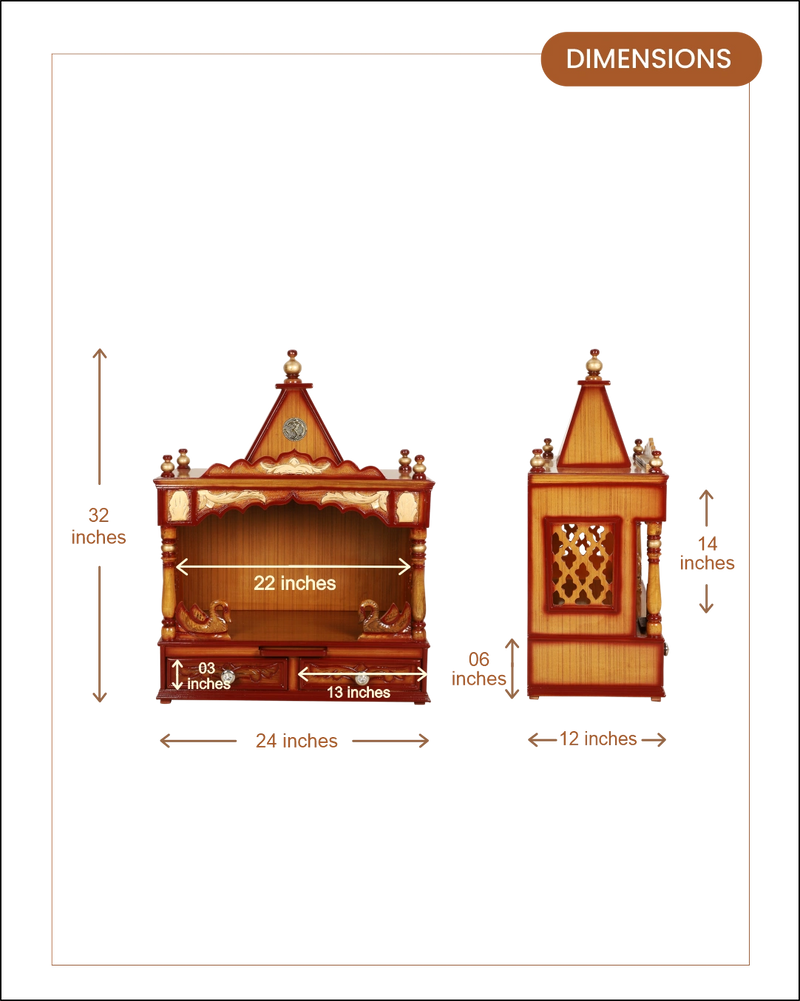 SukhatMan Medium Wall Mount Pooja Mandir without Door (Teak Gold) dimensions