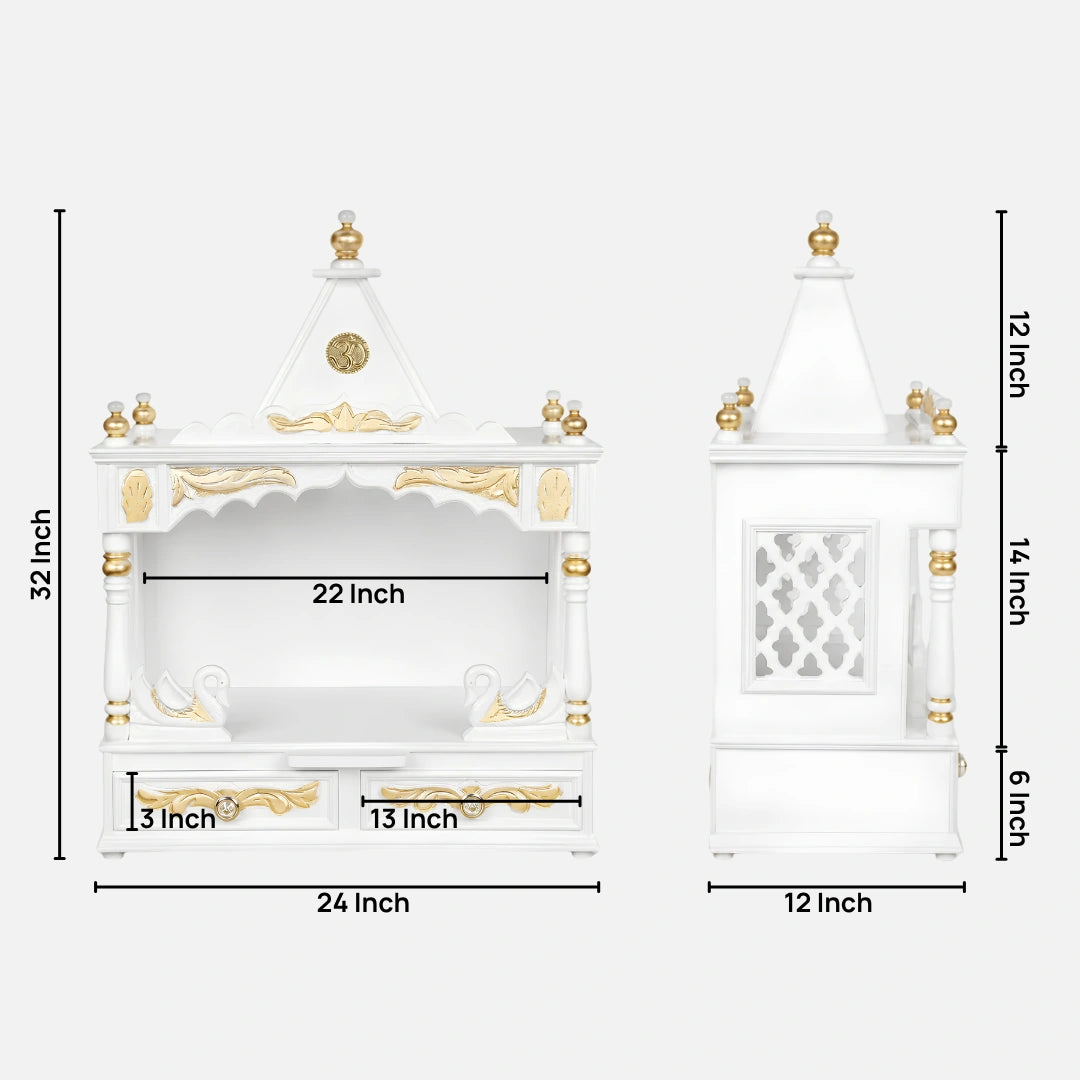 SukhatMan Medium Wall Mount Pooja Mandir without Door (White Gold) Dimenions