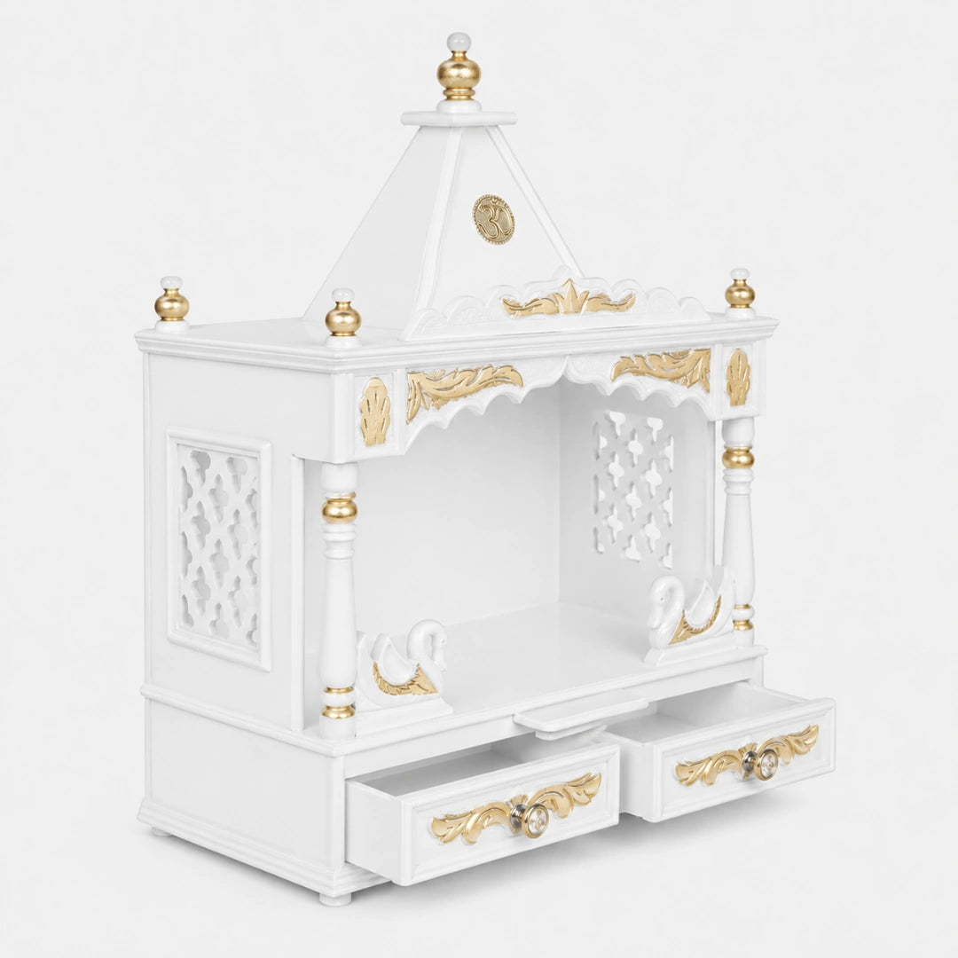 SukhatMan Medium Wall Mount Pooja Mandir without Door (White Gold) Side Angle with open drawers