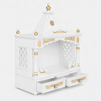 SukhatMan Medium Wall Mount Pooja Mandir without Door (White Gold) Side Angle with open drawers