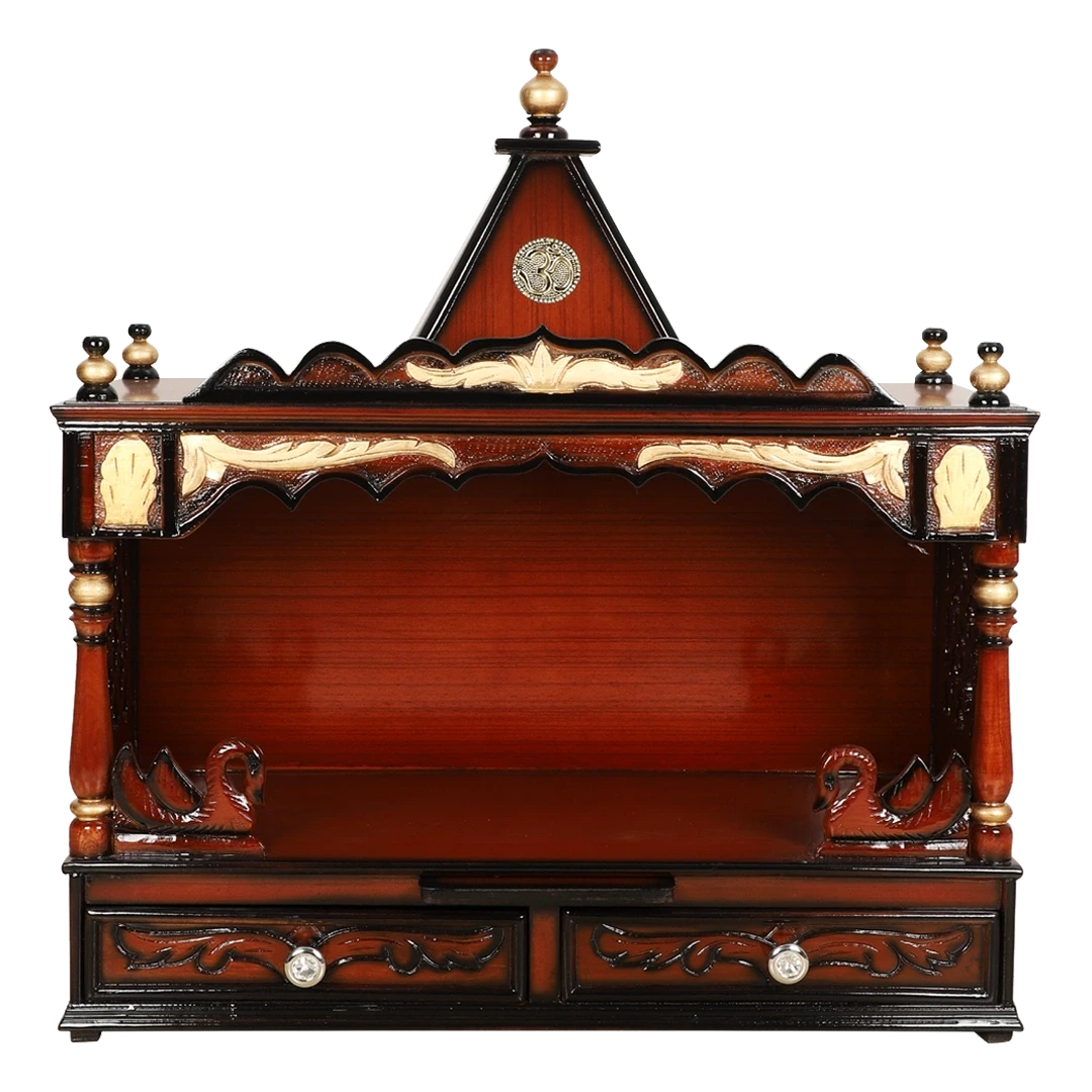SukhatMan Large Wall Mount Pooja Mandir/Wooden temple for home in Brown Gold color front view