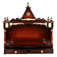 SukhatMan Large Wall Mount Pooja Mandir/Wooden temple for home in Brown Gold color front view open drawer
