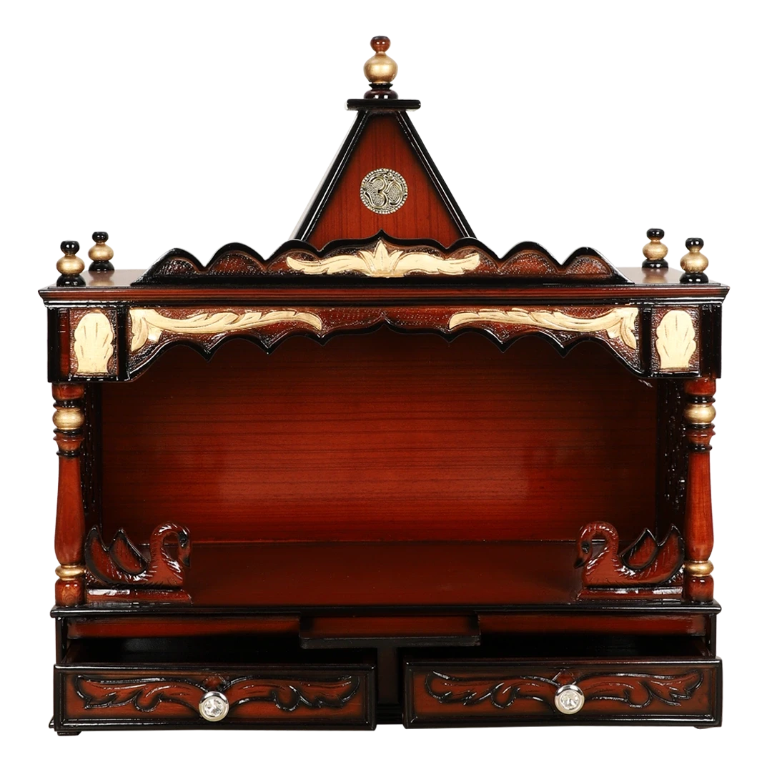 SukhatMan Large Wall Mount Pooja Mandir/Wooden temple for home in Brown Gold color front view open drawer