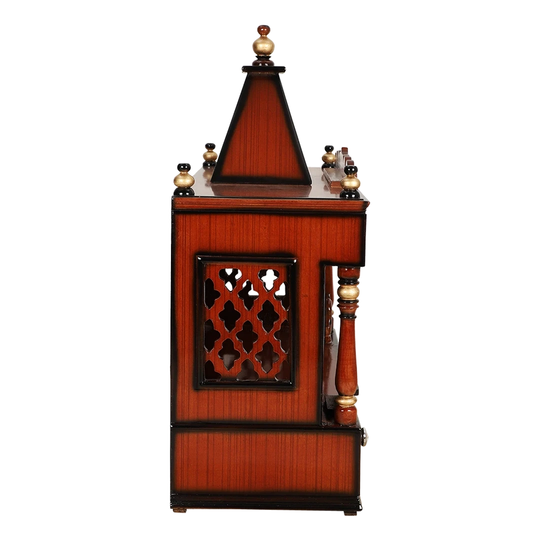 SukhatMan Large Wall Mount Pooja Mandir/Wooden temple for home in Brown Gold color side view featuring jali design and Pillars