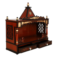 SukhatMan Large Wall Mount Pooja Mandir/Wooden temple for home in Brown Gold color 45° side view open drawer