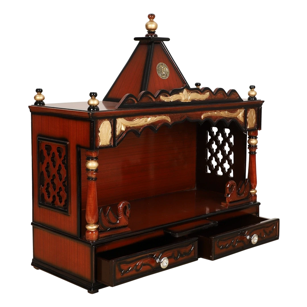 SukhatMan Large Wall Mount Pooja Mandir/Wooden temple for home in Brown Gold color 45° side view open drawer