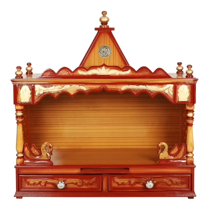 SukhatMan Large Wall Mount Pooja Mandir/Wooden temple for home in Teak Gold color front view