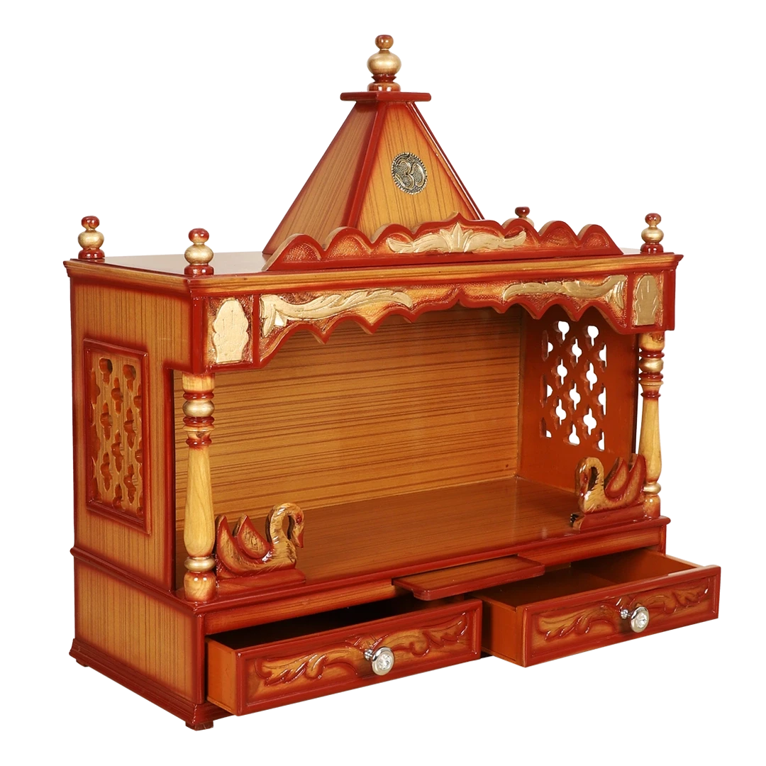 SukhatMan Large Wall Mount Pooja Mandir/Wooden temple for home in Teak Gold color 45° side view open drawer