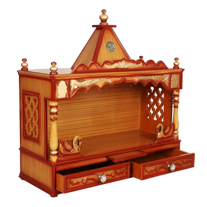 SukhatMan Large Wall Mount Pooja Mandir/Wooden temple for home in Teak Gold color 45° side view open drawer