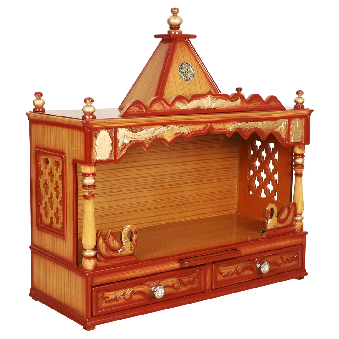 SukhatMan Large Wall Mount Pooja Mandir/Wooden temple for home in Teak Gold color 45° side view