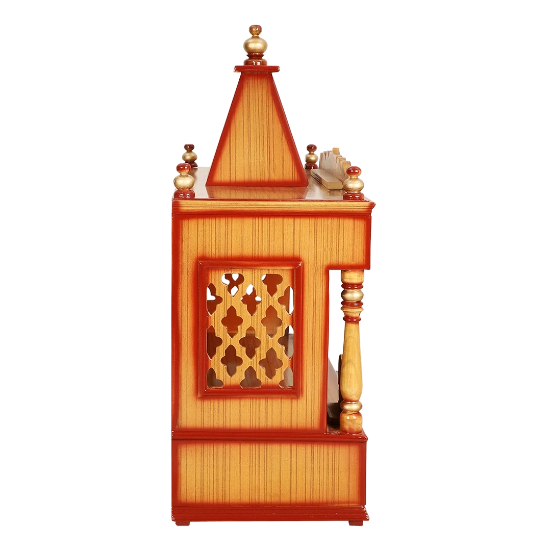 SukhatMan Large Wall Mount Pooja Mandir/Wooden temple for home in Teak Gold color side view featuring jali design and Pillars