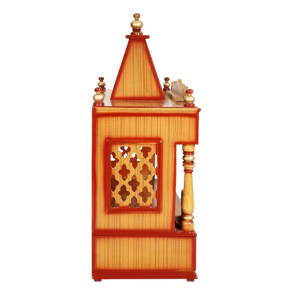 SukhatMan Large Wall Mount Pooja Mandir/Wooden temple for home in Teak Gold color side view featuring jali design and Pillars