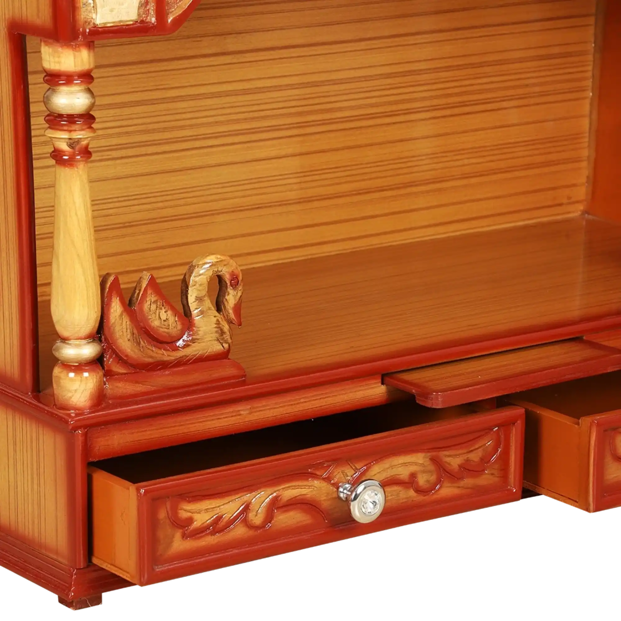 SukhatMan Large Wall Mount Pooja Mandir/Wooden temple for home in Teak Gold color zoom view open drawer