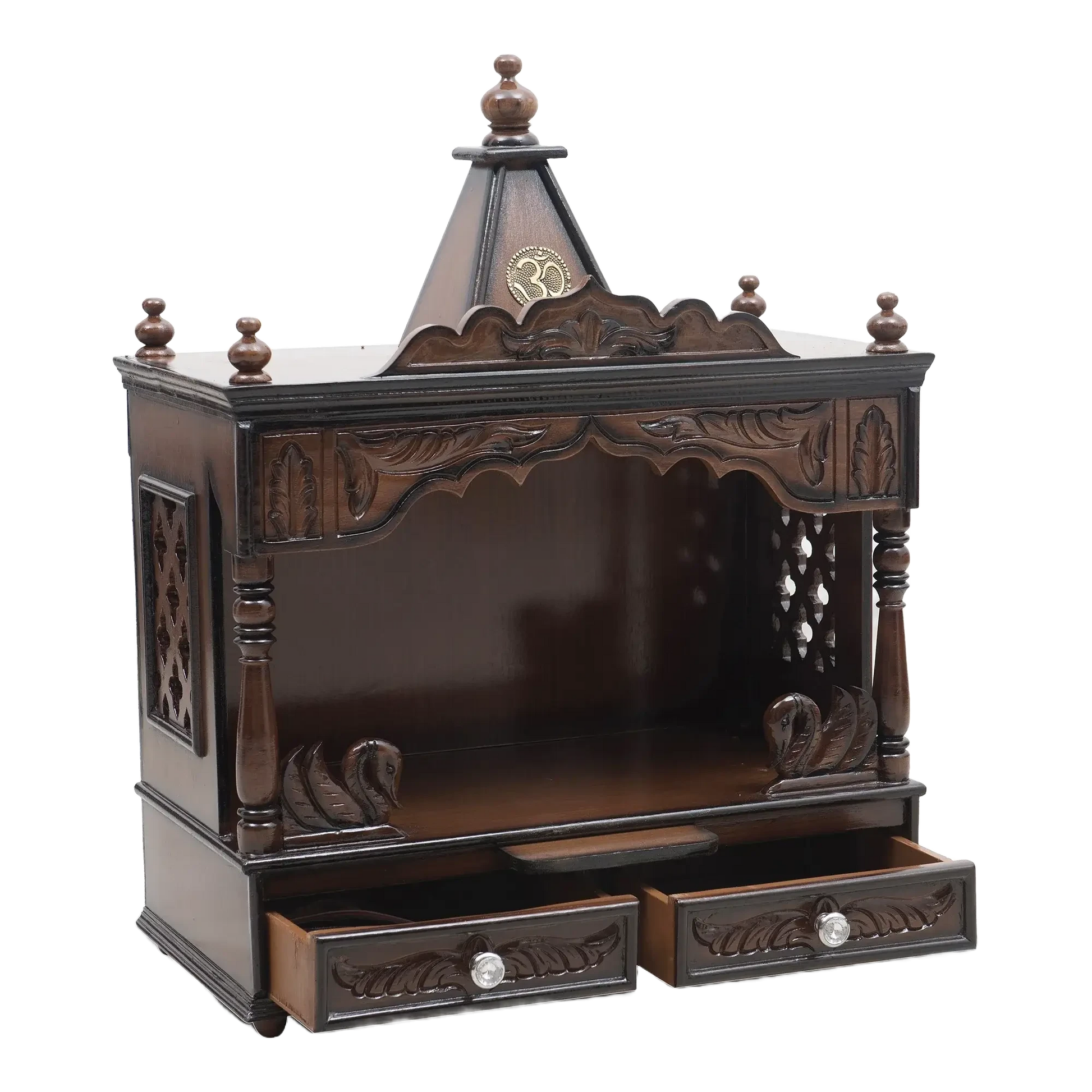 SukhatMan Medium Wall Mount Pooja Mandir/Wooden temple in Brown Color 45° side view open drawers