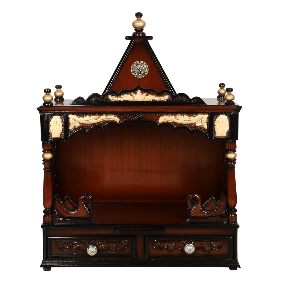 SukhatMan Medium Wall Mount Pooja Mandir/Wooden temple for home in Brown Gold color front view