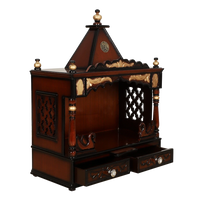 SukhatMan Medium Wall Mount Pooja Mandir/Wooden temple for home in Brown Gold color 45° side view open drawers