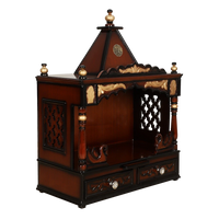 SukhatMan Medium Wall Mount Pooja Mandir/Wooden temple for home in Brown Gold color 45° side view