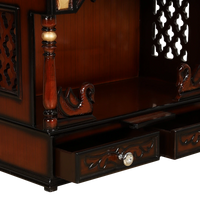 SukhatMan Medium Wall Mount Pooja Mandir/Wooden temple for home in Brown Gold color zoom view open drawers