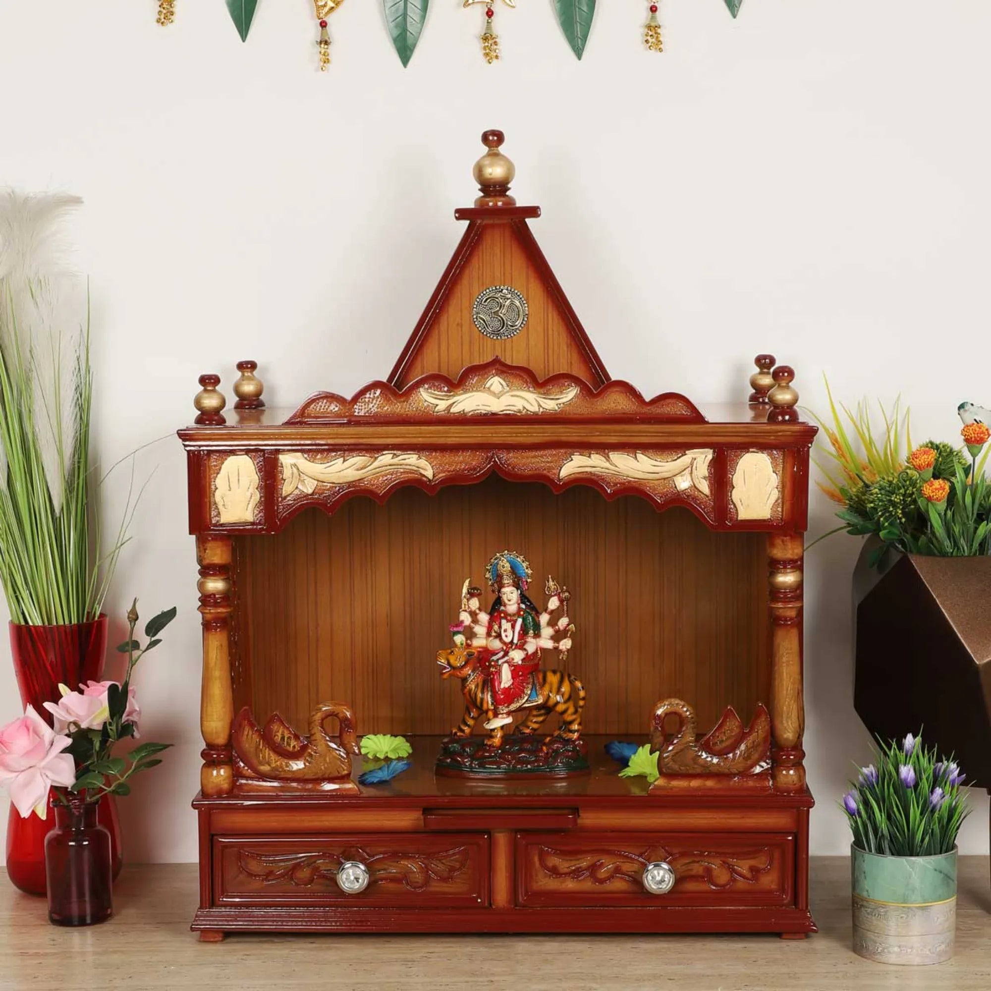 SukhatMan Medium Wall Mount Pooja Mandir without Door (Teak Gold)