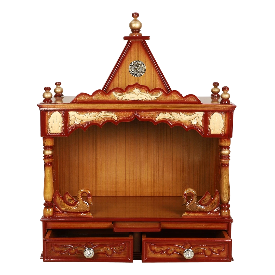 SukhatMan Medium Wall Mount Pooja Mandir/Wooden temple for home in Teak Gold color front view open drawers